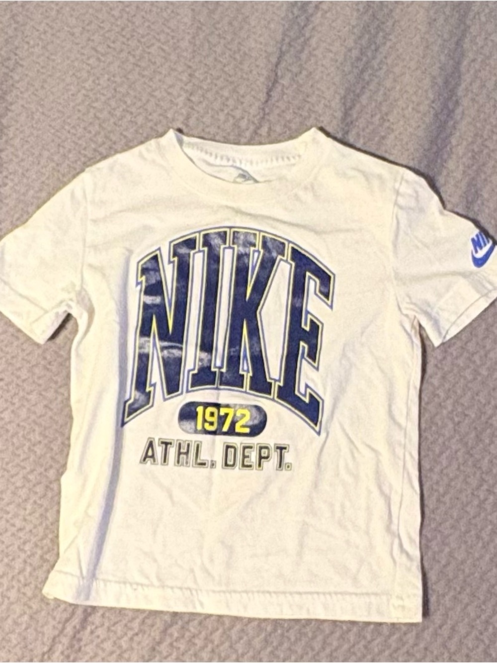 Nike White Tee with Blue & Yellow Athletic Logo